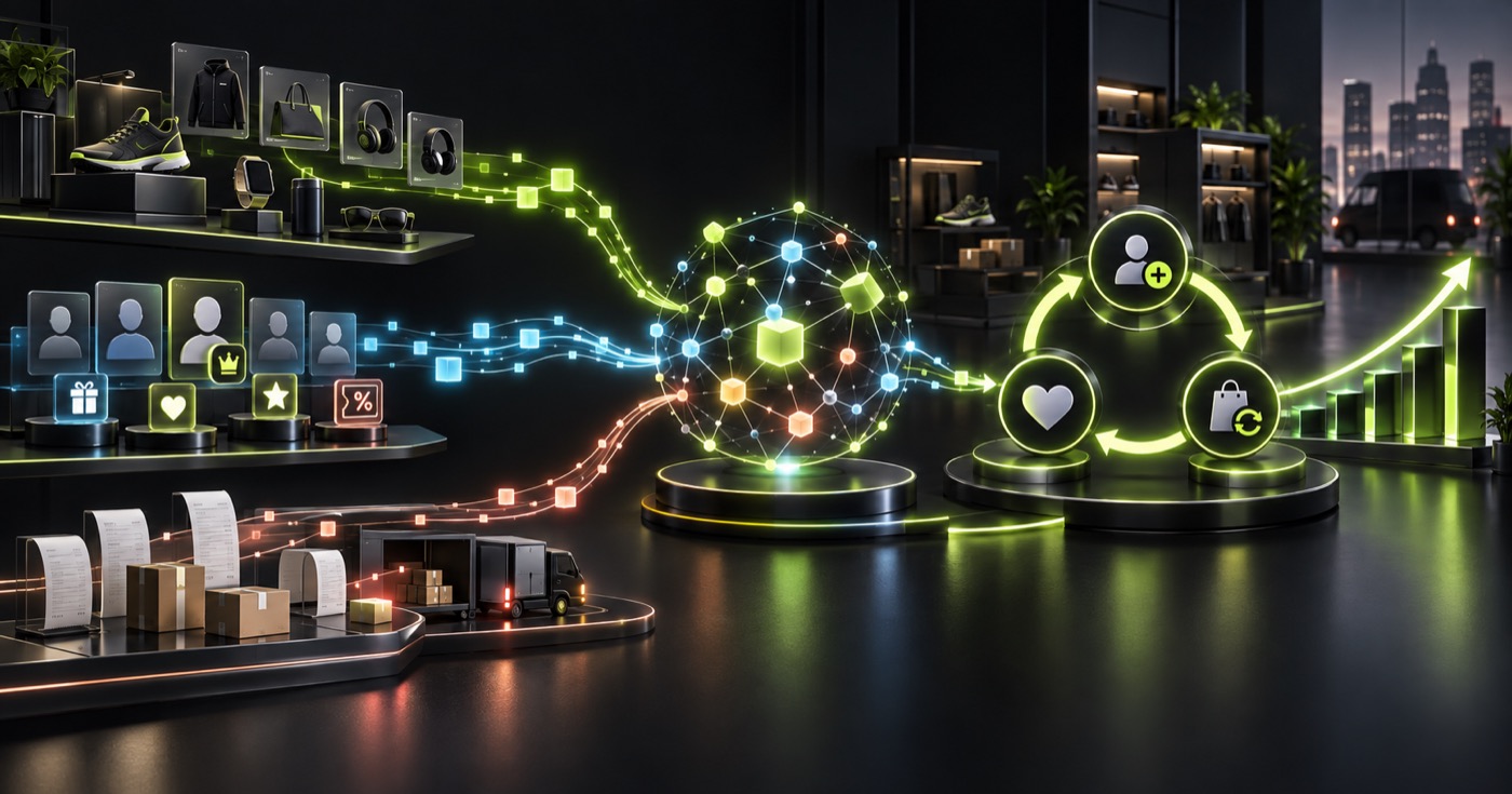 Product, customer and order data converging into a semantic network and a circular loyalty growth engine